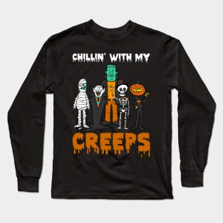 Chillin With My Creeps Mummy Vampire Skeleton Pumpkin Halloween Long Sleeve T-Shirt